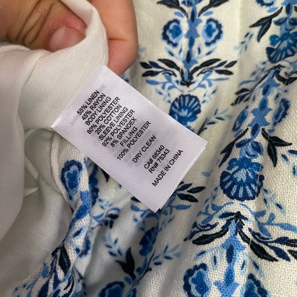 Caroline Constas Blue/White Floral Quilted Linen cottagecore Tie-Front Jacket - Picture 5 of 5